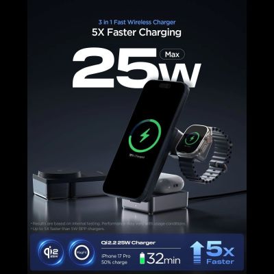 7. Ładowarka bezprzewodowa magnetyczna Spigen Essential Qi2.2 25W 3in1 MagSafe - czarna