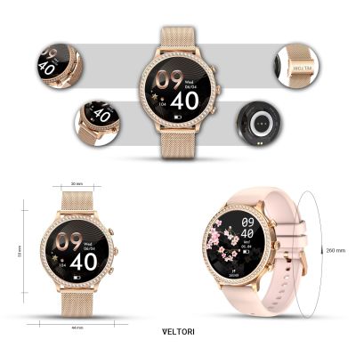 12. Smartwatch Damski VELTORI VT310-1 Złota Bransoleta + Różowy Pasek Silikonowy