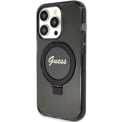 2. Etui Guess Ring Stand Script Glitter MagSafe na iPhone 15 Pro Max - czarne