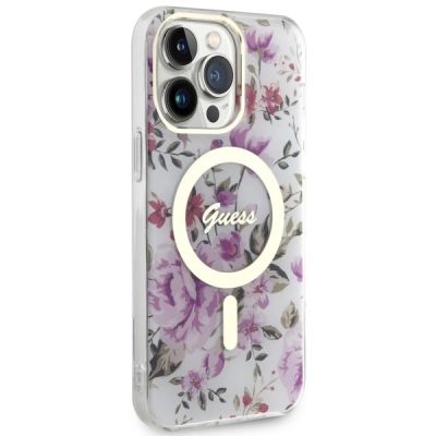 9. Etui Guess Flower MagSafe na iPhone 14 Pro - przezroczyste