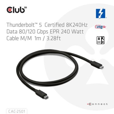 4. CLUB3D CAC-2501 kabel Thunderbolt 1 m 120 Gbit/s Czarny