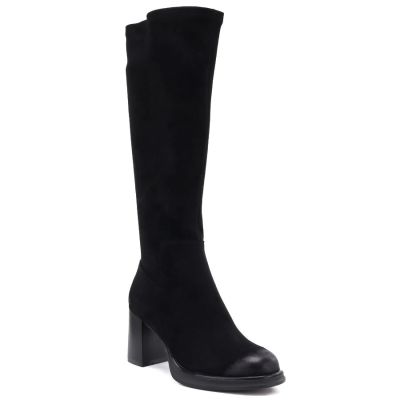 Kozaki damskie zamszowe na obcasie czarne Potocki SZ12849