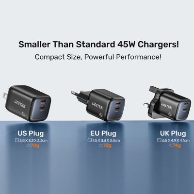 42. UNITEK ŁADOW. SIECIOWA 2X GAN 45W, 2XUSB-C PD 3.0, QC, CZARNA