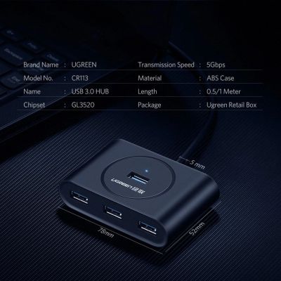 10. Ugreen rozdzielacz HUB 4x USB 3.2 Gen 1 (kabel 0,5 m) czarny (20290)