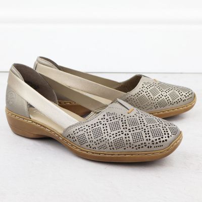 3. Skórzane półbuty damskie ażurowe komfort bezowe Rieker 41351-90