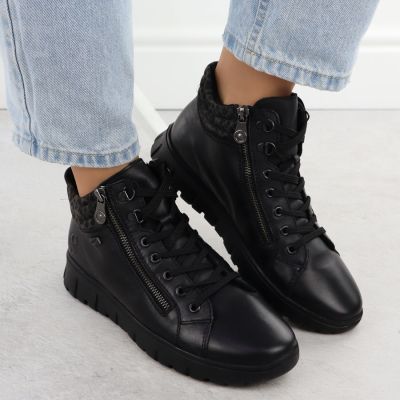 3. Skórzane wodoodporne botki damskie na podwyższeniu czarne Rieker N1305-00