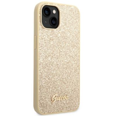 4. Etui Guess Glitter Script na iPhone 14 Plus - złote