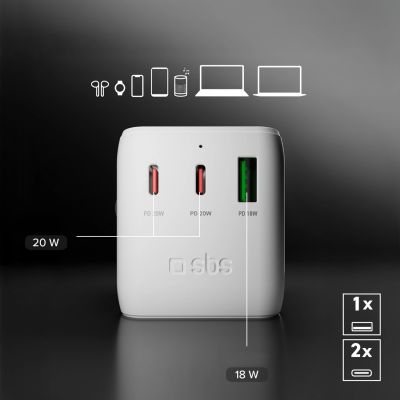 6. Adapter podróżny SBS 2xUSB-C 1xUSB-A uniwersalny - biały