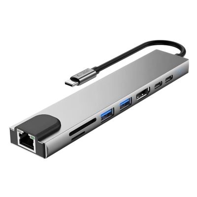 2. Hub USB Tech-Protect HB09 8w1 TYPE-C + USB-A 3.0 + USB-C 3.0 + HDMI 4K 60HZ + SD/TF + PD100W + RJ45 1000 MB/S - szary