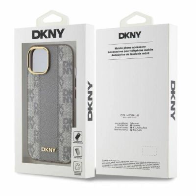 5. Etui DKNY Leather Checkered Mono Pattern MagSafe na iPhone 15 - beżowe