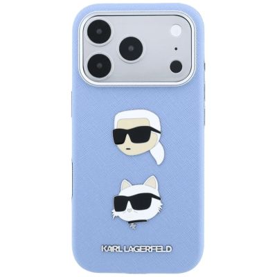 3. Etui Karl Lagerfeld Saffiano with Karl & Choupette Heads Pins & Logo na iPhone 18 Pro / 17 Pro - jasnoniebieskie