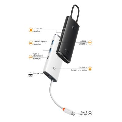 18. Baseus Lite Series wielofunkcyjny HUB USB Typ C - 2 x USB 3.0 / USB Typ C / HDMI 1,4 / SD/TF OTG czarny (WKQX050001)