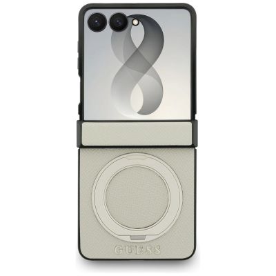 2. Etui Guess Magnetic Ring Stand Grained Classic Logo MagSafe na Samsung Galaxy Z Flip 8 - beżowe