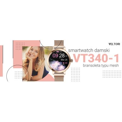 13. Smartwatch Damski VELTORI VT340-1 Złota Bransoleta + Różowy Pasek Silikonowy