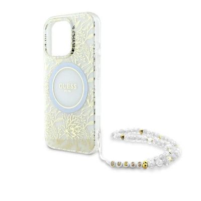 5. Etui Guess IML Flowers Allover Electro With Pearl Strap MagSafe na iPhone 16 Pro - białe