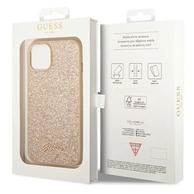 8. Etui Guess Glitter Script na iPhone 14 Plus - złote