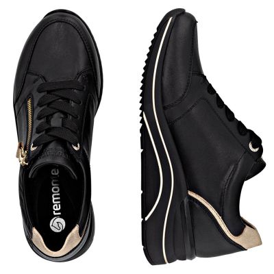 5. Skórzane sneakersy damskie na koturnie czarne Remonte Rieker D0T03-03