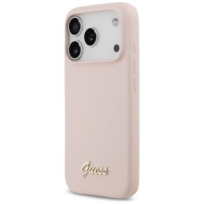 2. Etui Guess Silicone Script Metal Logo MagSafe na iPhone 17 Pro - różowe