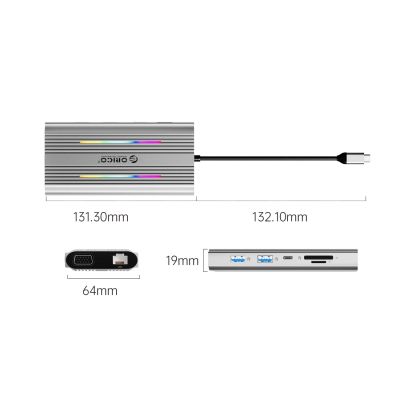 3. Stacja dokująca USB-C Orico XDR 12w1 RGB USB-A USB-C PD 100W 2x HDMI 4K 60Hz VGA RJ45 Gigabit czytnik kart SD i microSD - szara
