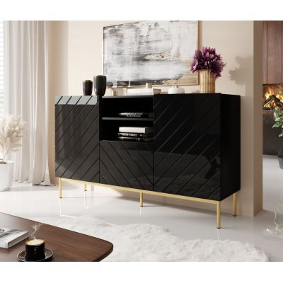 Komoda ABETO na złotym stelażu ze stali 150x42x90 czarny/czarny połysk