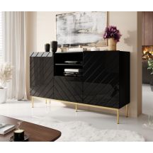 Komoda ABETO na złotym stelażu ze stali 150x42x90 czarny/czarny połysk