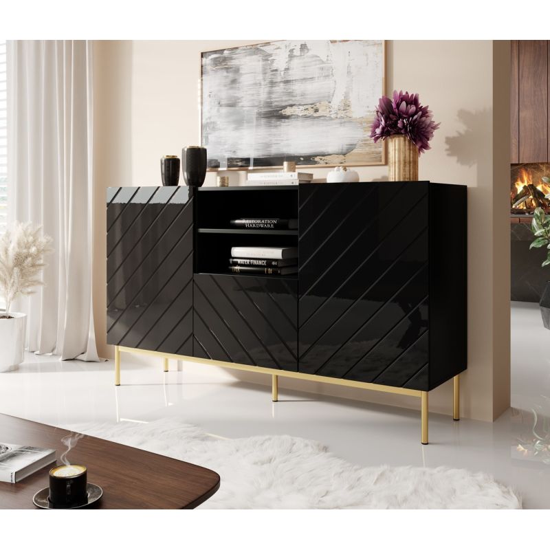 Komoda ABETO na złotym stelażu ze stali 150x42x90 czarny/czarny połysk