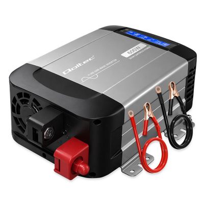 11. Qoltec Przetwornica napięcia Pure Sine Wave | 12V na 230V | 300/600W | LCD | USB | USB-C | Kompatybilna z LiFePO4 GEL AGM