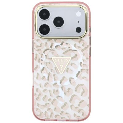 3. Etui Guess IML Leopard Glitter Triangle Logo MagSafe na iPhone 17 Pro / 18 Pro - różowe