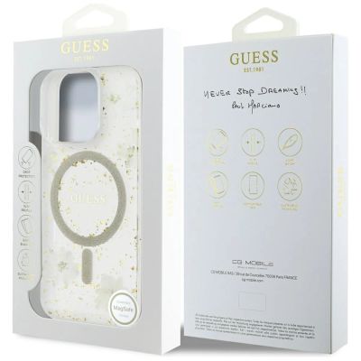 8. Etui Guess Resin Flowers Glitter MagSafe na iPhone 16 Pro - beżowe