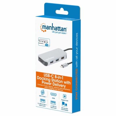 12. Stacja dokująca MANHATTAN USB-C 8 w 1 z zasilaniem USB 3.2 Gen 1 Type-C męski na żeński HDMI, trzy porty USB-A, gigabitowy port RJ45, port USB-C Power Delivery, czytnik kart SD/MicroSD, aluminium, gwiezdna szarość (13061)