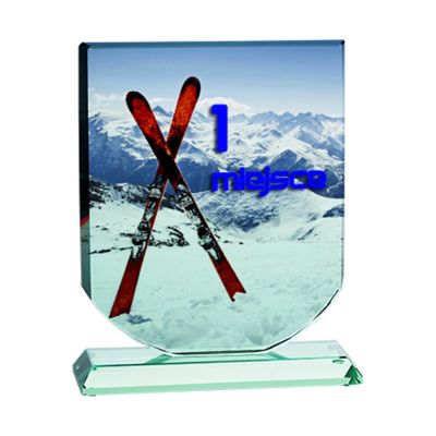 8. Trofeum szklane z nadrukiem kolorowym LuxorJet, grawerowaniem oraz wypełnieniem farbą i etui