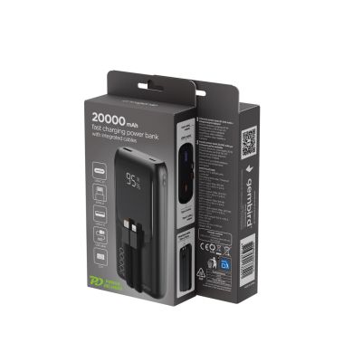 7. GEMBIRD POWERBANK O POJEMNOŚCI 20000MAH, SZYBKIE ŁADOWANIE 20W, WYŚWIETLACZ LCD, ZINTEGROWANE KABLE KOLOR CZARNY