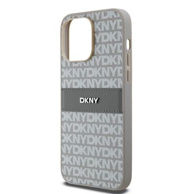 6. Etui DKNY Leather Mono Stripe & Metal Logo na iPhone 14 Pro - beżowe