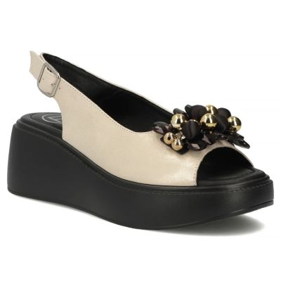 Skórzane sandały damskie na koturnie złote Filippo DS7577