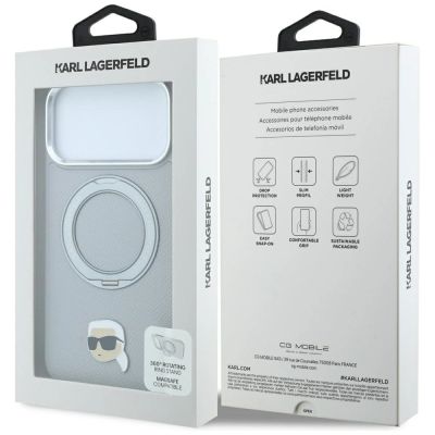 8. Etui Karl Lagerfeld with Ring Stand 360 Karl Head Pin MagSafe na iPhone 18 Pro / 17 Pro - szare