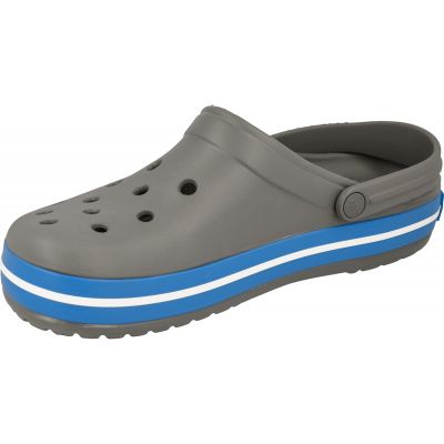 Klapki Crocs Crocband M 11016 w kolorze szarym z elementami w odcieniu białym i niebieskim, materiał Croslite, otwory na ozdoby Jibbitz