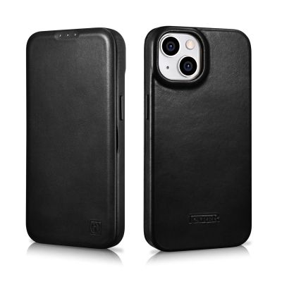 32. iCarer CE Oil Wax Premium Leather Folio Case skórzane etui iPhone 14 Plus z klapką magnetyczne MagSafe czarny (AKI14220707-BK)
