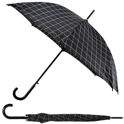 PARASOL DŁUGI PÓŁAUTOMATYCZNY Z ZAWIJANĄ RĄCZKĄ CZARNY Z BIAŁĄ KRATĄ SEMI LINE
