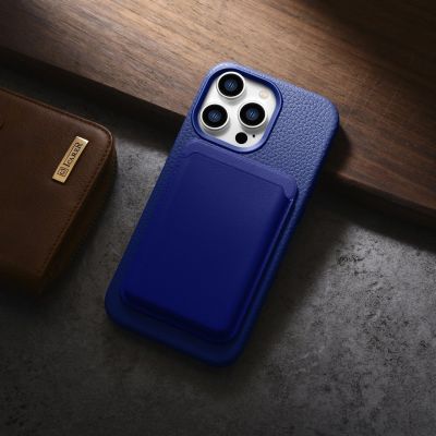 18. iCarer Litchi Premium Leather Case skórzane etui iPhone 14 Pro Max magnetyczne z MagSafe ciemnoniebieski (WMI14220712-DB)