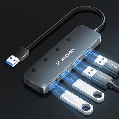 3. Hub USB-A Wozinsky WHS080YSS 4 x USB-A 3.0 z indywidualnymi włącznikami, aluminiowy, z kablem 15 cm - szary
