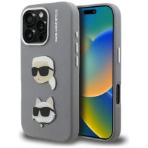 Etui Karl Lagerfeld FW Grained Karl & Choupette Heads Pins na iPhone 16 Pro Max - szare