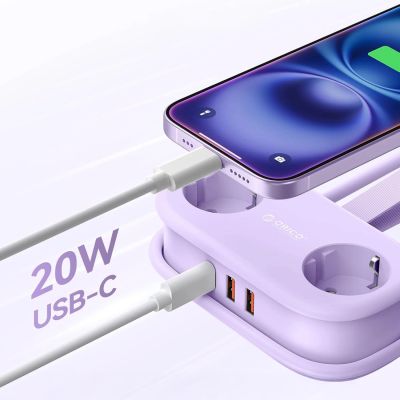 4. Listwa zasilająca Orico AP3 20W GaN 5w1 2x AC + 2x USB-A + 1x USB-C - fioletowa
