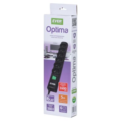 8. Listwa przeciwprzepięciowa Ever OPTIMA 5,0m (6 x UTE; 10 A; kolor czarny) (T/LZ08-OPT050/0000)