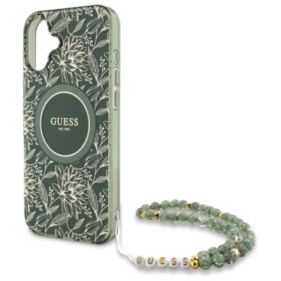 5. Etui Guess IML Flowers Allover Electro With Pearl Strap MagSafe na iPhone 16 Plus - zielone
