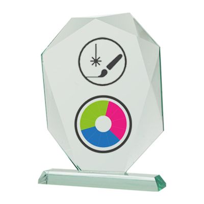 3. Trofeum szklane z nadrukiem kolorowym LuxorJet, grawerowaniem oraz wypełnieniem farbą i etui