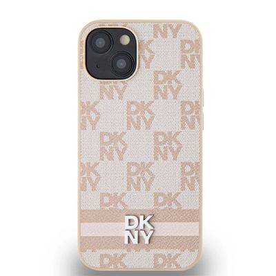3. Etui DKNY Leather Checkered Mono Pattern & Printed Stripes na iPhone 15 Plus / 14 Plus - różowe