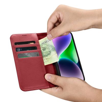 13. iCarer Wallet Case 2in1 etui iPhone 14 Plus skórzany pokrowiec z klapką Anti-RFID czerwony (WMI14220727-RD)
