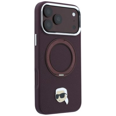 4. Etui Karl Lagerfeld with Ring Stand 360 Karl Head Pin MagSafe na iPhone 18 Pro / 17 Pro - burgundowe