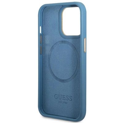 7. Etui Guess 4G Logo Plate MagSafe na iPhone 14 Pro - niebieskie