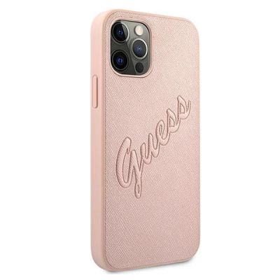 4. Etui Guess Saffiano Vintage Script na iPhone 12 Pro Max - różowe